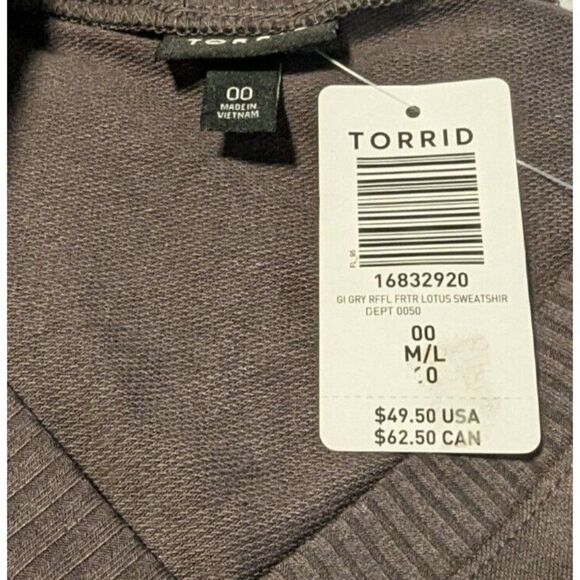 Torrid Womens Size 00 M/L Ruffle Sweatshirt Lightweight French Terry Lotus Grey - Picture 9 of 9